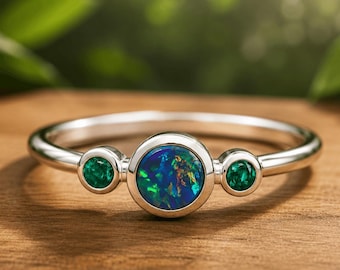 OPAL TRIPLETTE RING | Bezel Setting Ring | Green Gemstone Ring | Unique Ring With Australian Opal Doublet And Ethically Sourced Emeralds