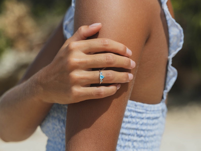 Handmade ring in sterling silver with sky blue Topaz and round Salt and Pepper Diamonds as ethical sourced gemstones for engagement ring image 7