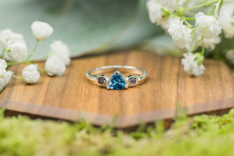 Handmade ring in sterling silver with sky blue Topaz and round Salt and Pepper Diamonds as ethical sourced gemstones for engagement ring image 1