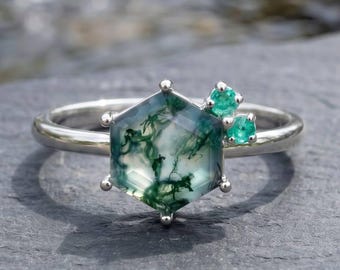 Silver ring for women with genuine gemstones - moss agate & emerald | Gemstone jewelry for women | Gift for girlfriend