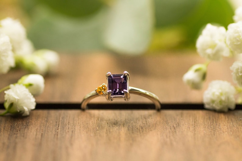 Ring in Sterling Silver with natural gemstones: Purple Spinel and yellow Sapphire. Sustainable handmade jewelry. Perfect Engagement ring image 1