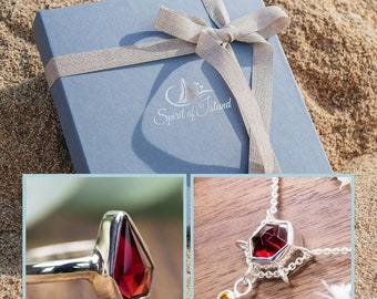 Gift set jewelry silver necklace with pendant and ring red garnet yellow citrine gemstone - sustainable & handmade for Christmas