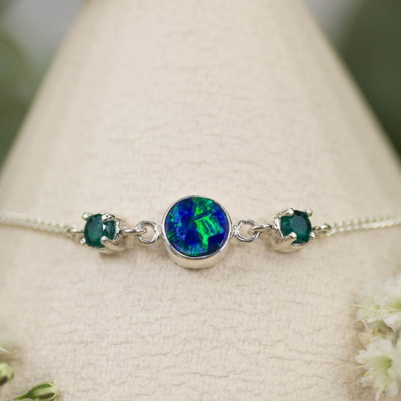 Silber Gliederarmband mit Opal und Smaragd