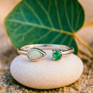OPAL EMERALD RING | Teardrop Opal Ring | Round Emerald Ring | Eco Friendly Ring | Unique Green Opal Gemstone Art Deco Silver Bezel Ring