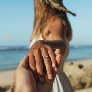 Handmade ring in sterling silver with sky blue Topaz and round Salt and Pepper Diamonds as ethical sourced gemstones for engagement ring image 4