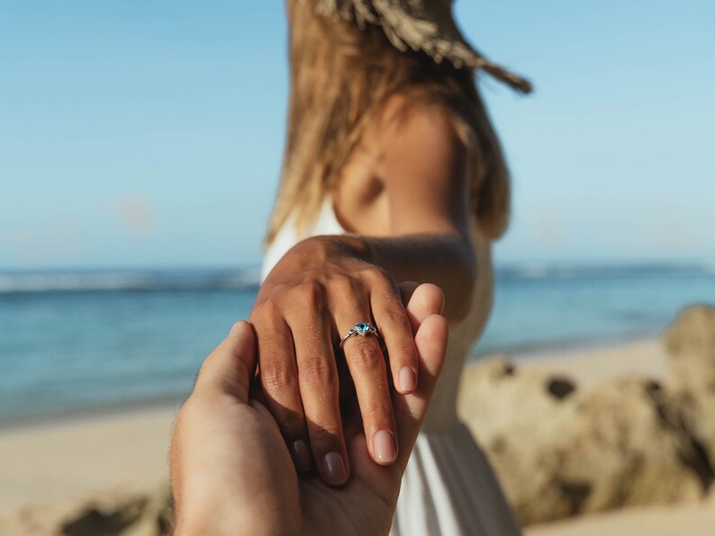 Handmade ring in sterling silver with sky blue Topaz and round Salt and Pepper Diamonds as ethical sourced gemstones for engagement ring image 4