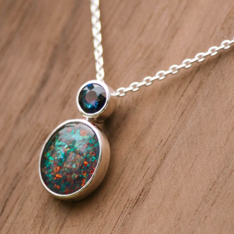 Opal necklace for women, silver, with Australian opal triplet & blue sapphire genuine gemstone jewelry with blue stones, jewelry gift. image 1