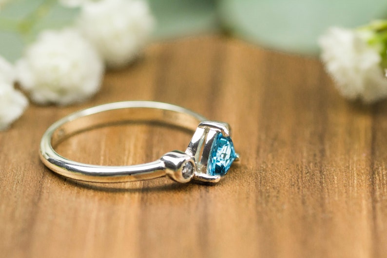 Handmade ring in sterling silver with sky blue Topaz and round Salt and Pepper Diamonds as ethical sourced gemstones for engagement ring image 3