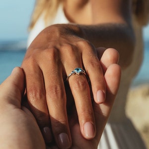 Handmade ring in sterling silver with sky blue Topaz and round Salt and Pepper Diamonds as ethical sourced gemstones for engagement ring image 5