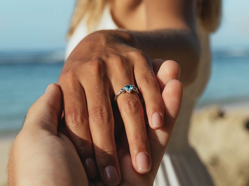 Handmade ring in sterling silver with sky blue Topaz and round Salt and Pepper Diamonds as ethical sourced gemstones for engagement ring image 5