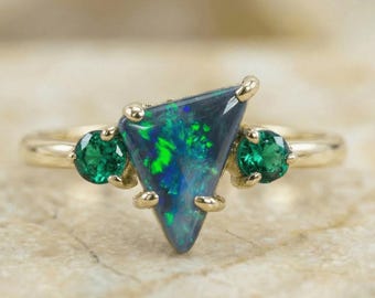 GREEN EMERALD RING | Recycled Gold Ring | Black Opal Ring | Australian Opal Ring | Luxury Pure Opal & Crown Of Nature Statement Ring
