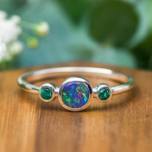 OPAL TRIPLETTE RING | Bezel Setting Ring | Green Gemstone Ring | Unique Ring With Australian Opal Doublet And Ethically Sourced Emeralds