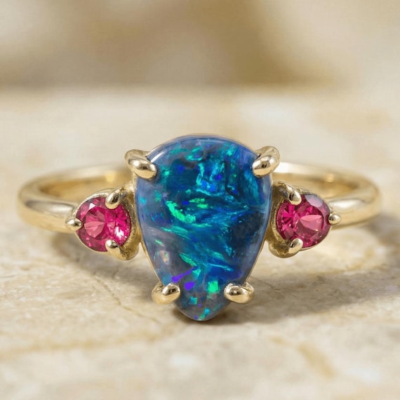 SCHWARZER OPAL RING | Rosa Turmaline | 750 Gold | Verlobungsring | Opal Schmuck