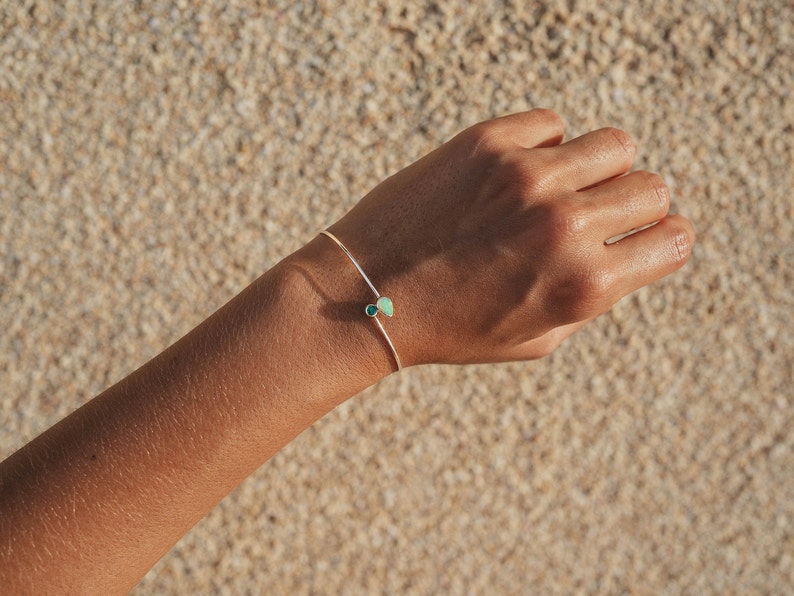 Filigree sterling silver bangle with gemstones green emerald & Australian opal, birthstones of May and October. Luxury bridal jewelry. image 2