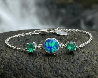 Bracelet en opale et émeraude | Argent sterling 925 | Bijoux en opale