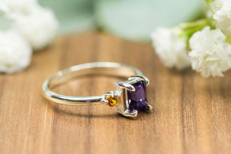 Ring in Sterling Silver with natural gemstones: Purple Spinel and yellow Sapphire. Sustainable handmade jewelry. Perfect Engagement ring image 3