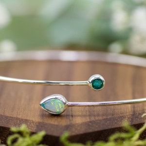 Filigree sterling silver bangle with gemstones green emerald & Australian opal, birthstones of May and October. Luxury bridal jewelry. image 3