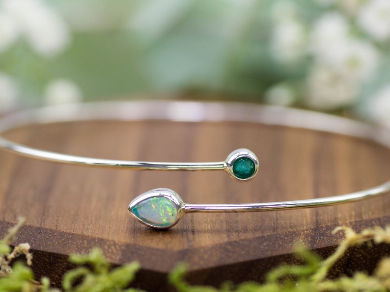 Filigree sterling silver bangle with gemstones green emerald & Australian opal, birthstones of May and October. Luxury bridal jewelry. image 3