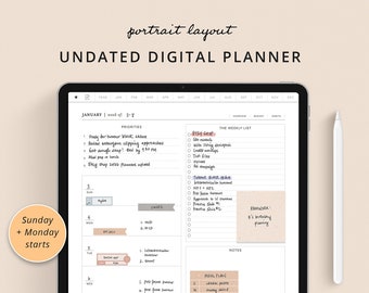 Undated planner with daily, weekly, and monthly layouts, GoodNotes planner with digital stickers in bullet journal style with habit tracker