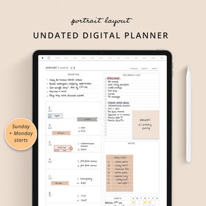 Undated planner with daily, weekly, and monthly layouts, GoodNotes planner with digital stickers in bullet journal style with habit tracker