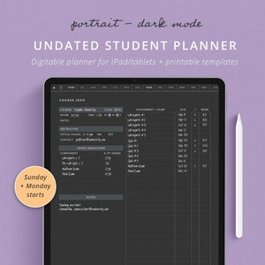 Undated digital study planner for nursing students, dark mode academic productivity planner with weekly and daily schedule templates