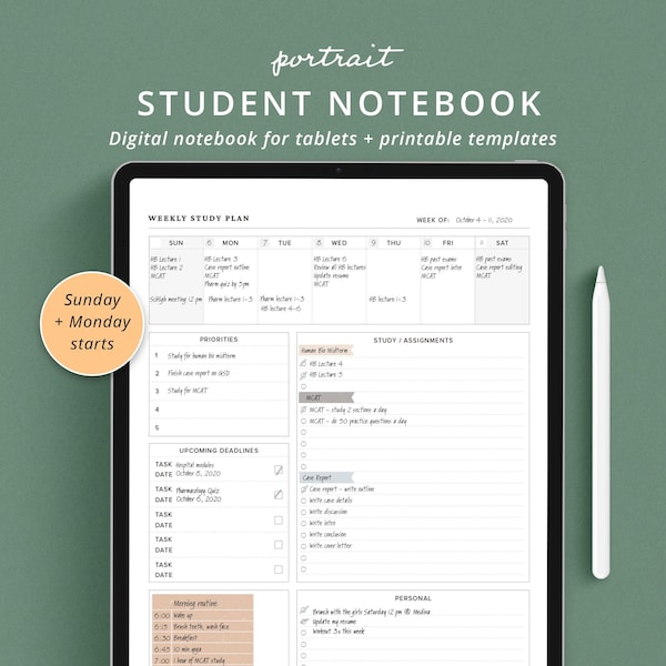 Goodnotes-Studentenplaner, digitale Studienplanervorlage, Hausaufgaben-Tracker, digitaler akademischer College-Planer