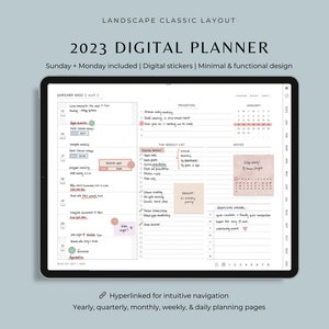 Weekly digital planner 2023 with monthly habit tracker pages, to do list printable, templates for daily schedule + goal planner for iPad Pro