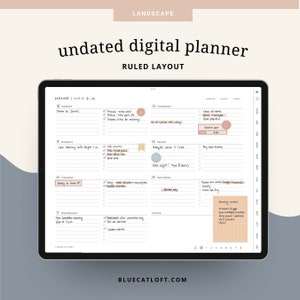 May include: A digital planner app on a tablet screen with a ruled layout. The app is open to the week of January 8-14, with daily to-do lists and notes sections. The app has a light blue background with a white border.