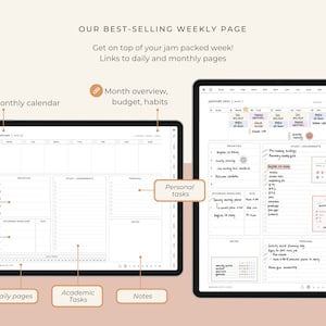May include: A digital weekly planner with sections for priorities, deadlines, study and assignments, personal tasks, and notes. The planner includes a monthly calendar, month overview, budget, and habits sections. The planner is designed to help users stay organized and on track with their goals.