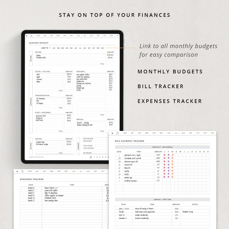 May include: A digital planner for managing finances with sections for monthly budgets, bill tracking, and expense tracking. The planner includes a calendar view, a list of income and expenses, and a section for tracking bills and payments. The planner is designed to help users stay on top of their finances and make informed financial decisions.