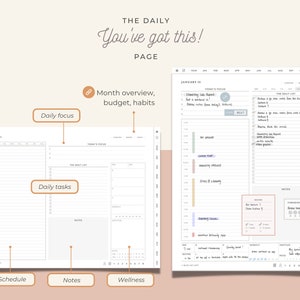 May include: A daily planner with a white background and brown lines. The planner is divided into sections for schedule, notes, and wellness. The planner has a monthly overview, budget, and habit tracker. The planner has a daily focus and daily tasks section. The planner has a section for notes and a section for wellness. The planner has a section for a monthly overview, budget, and habits. The planner has a section for a daily focus and daily tasks. The planner has a section for notes and a section for wellness.