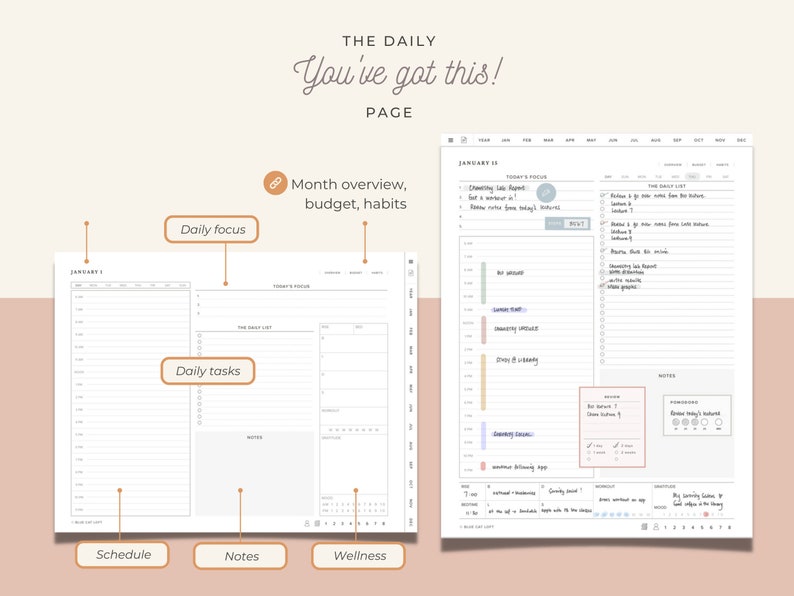 May include: A daily planner with a white background and brown lines. The planner is divided into sections for schedule, notes, and wellness. The planner has a monthly overview, budget, and habit tracker. The planner has a daily focus and daily tasks section. The planner has a section for notes and a section for wellness. The planner has a section for a monthly overview, budget, and habits. The planner has a section for a daily focus and daily tasks. The planner has a section for notes and a section for wellness.