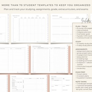 May include: A collection of printable student planner templates, including weekly study planners, assignment trackers, exam prep sheets, and note-taking templates. The templates are designed to help students stay organized and on track with their studies.