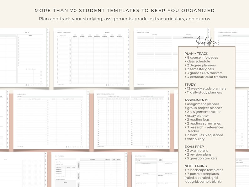 May include: A collection of printable student planner templates, including weekly study planners, assignment trackers, exam prep sheets, and note-taking templates. The templates are designed to help students stay organized and on track with their studies.