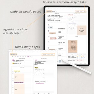 May include: A digital planner app on an iPad with a white stylus. The app has a weekly and daily spread for detailed planning. The weekly spread includes a section for priorities, tasks, and notes. The daily spread includes a section for today's focus, the daily list, a schedule, and notes. The app also includes links to a monthly overview, budget, and habits.