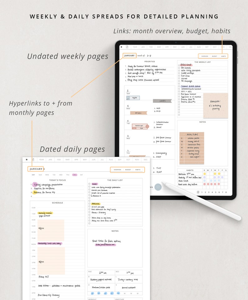May include: A digital planner app on an iPad with a white stylus. The app has a weekly and daily spread for detailed planning. The weekly spread includes a section for priorities, tasks, and notes. The daily spread includes a section for today's focus, the daily list, a schedule, and notes. The app also includes links to a monthly overview, budget, and habits.