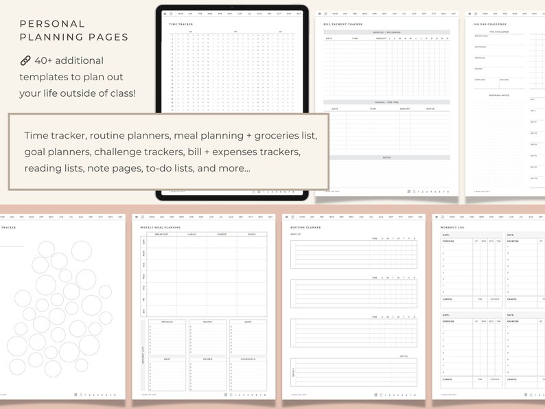 May include: A digital planner with 40+ additional templates for planning your life outside of class. The planner includes pages for time tracking, routine planning, meal planning, grocery lists, goal planning, challenge tracking, bill and expense tracking, reading lists, note pages, to-do lists, and more.