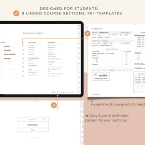 May include: A digital planner for students with 8 linked course sections and 70+ templates. The planner includes a course info page with sections for course name, instructor, dates, office hours, room, grade breakdown, assignments, and notes. The planner also includes a section for academic pages with sections for plan, track, assignments, exam preparation, study, and note dates.