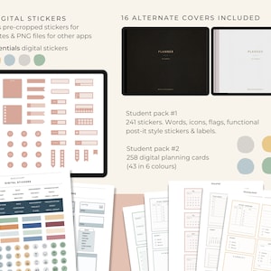 May include: A digital planner with 739 digital stickers, 16 alternate covers, and two student packs. The student packs include 241 stickers and 258 digital planning cards. The planner has a black and white color scheme with a minimalist design.