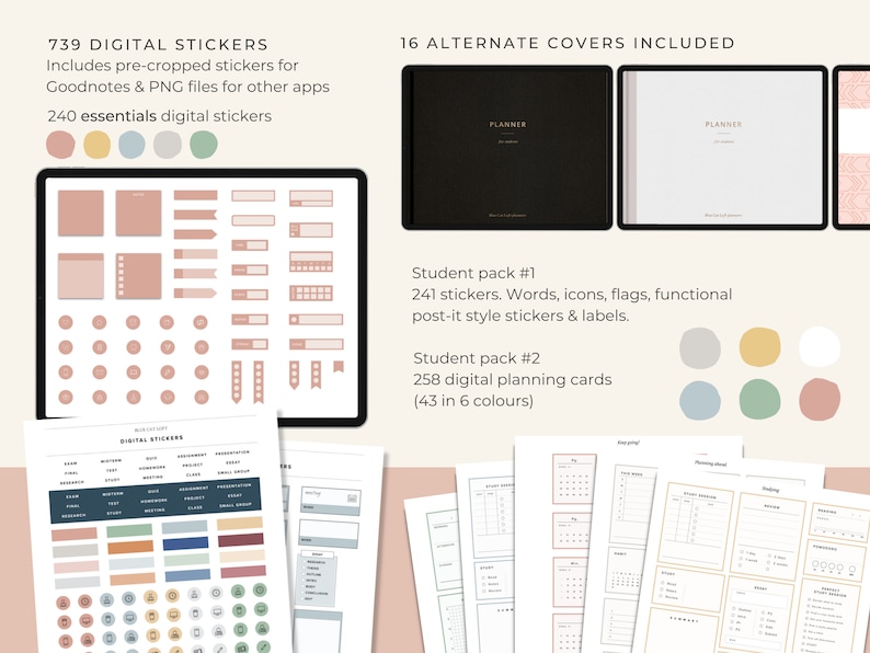 May include: A digital planner with 739 digital stickers, 16 alternate covers, and two student packs. The student packs include 241 stickers and 258 digital planning cards. The planner has a black and white color scheme with a minimalist design.