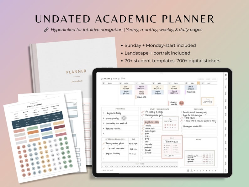 May include: A digital planner for students with a pink and white color scheme. The planner includes a variety of templates and digital stickers. The text "UNDATED ACADEMIC PLANNER" is at the top of the image. The text "Hyperlinked for intuitive navigation | Yearly, monthly, weekly, & daily pages" is below the title. The text "PLANNER" is in the center of the image. The text "JANUARY | week of 1-8" is at the top of the planner page. The text "Study Assignments" is on the left side of the planner page. The text "Quantity Notes" is on the right side of the planner page. The text "Upcoming Deadlines" is on the left side of the planner page. The text "Personals" is on the right side of the planner page. The text "Notes" is on the right side of the planner page.