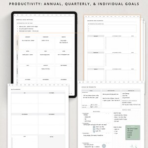 May include: A productivity planner with sections for annual, quarterly, and individual goals. The planner includes a calendar, goal setting pages, and a section for tracking milestones and projects. The planner is designed to help users stay organized and achieve their goals.