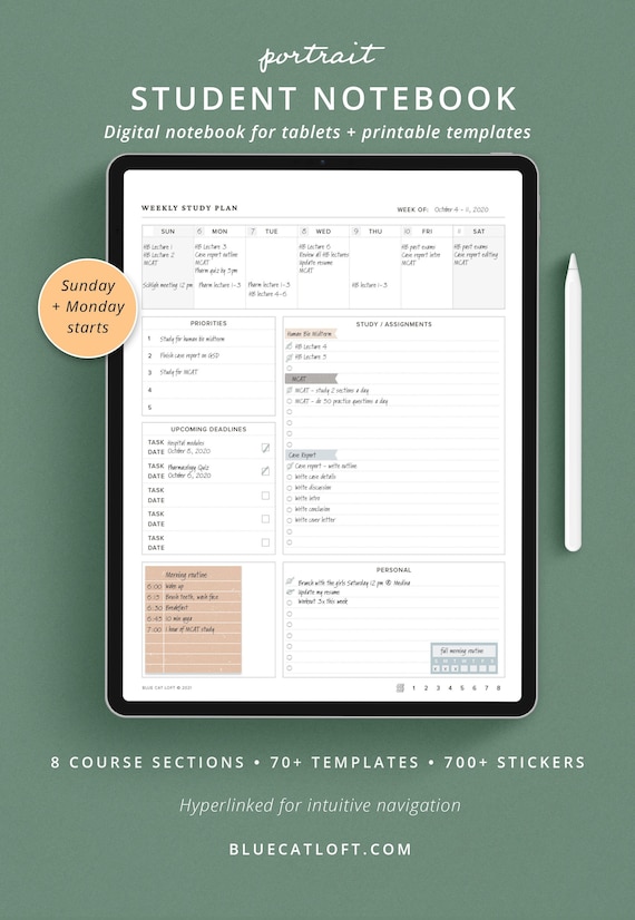 Goodnotes student planner, digital study planner template, home school assignment tracker, hyperlinked digital college academic planner