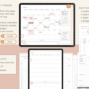 May include: A digital planner with a monthly calendar, weekly and daily pages, overview, habit tracker, and budget sections. The planner is designed to be used with a tablet or computer and features hyperlinks to different sections.
