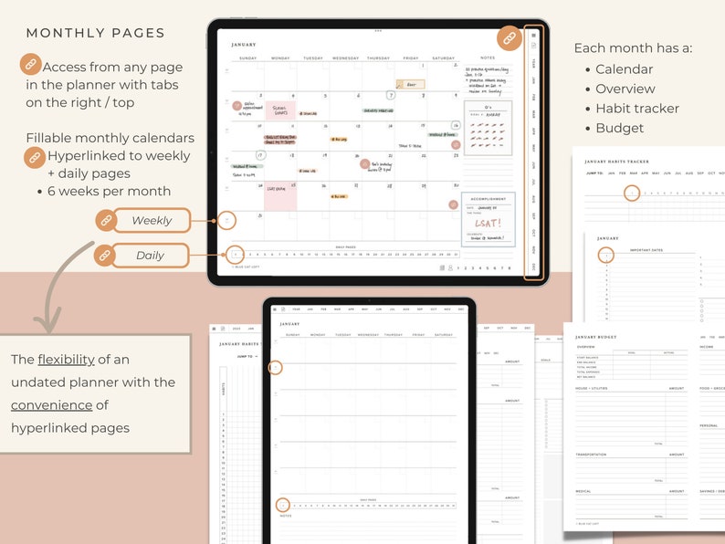 May include: A digital planner with a monthly calendar, weekly and daily pages, overview, habit tracker, and budget sections. The planner is designed to be used with a tablet or computer and features hyperlinks to different sections.