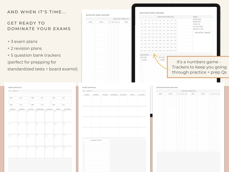 May include: A digital planner with a light pink background and black text. The planner includes sections for exam schedules, question bank trackers, and to-do lists. The text on the planner reads "And when it's time... Get ready to dominate your exams".