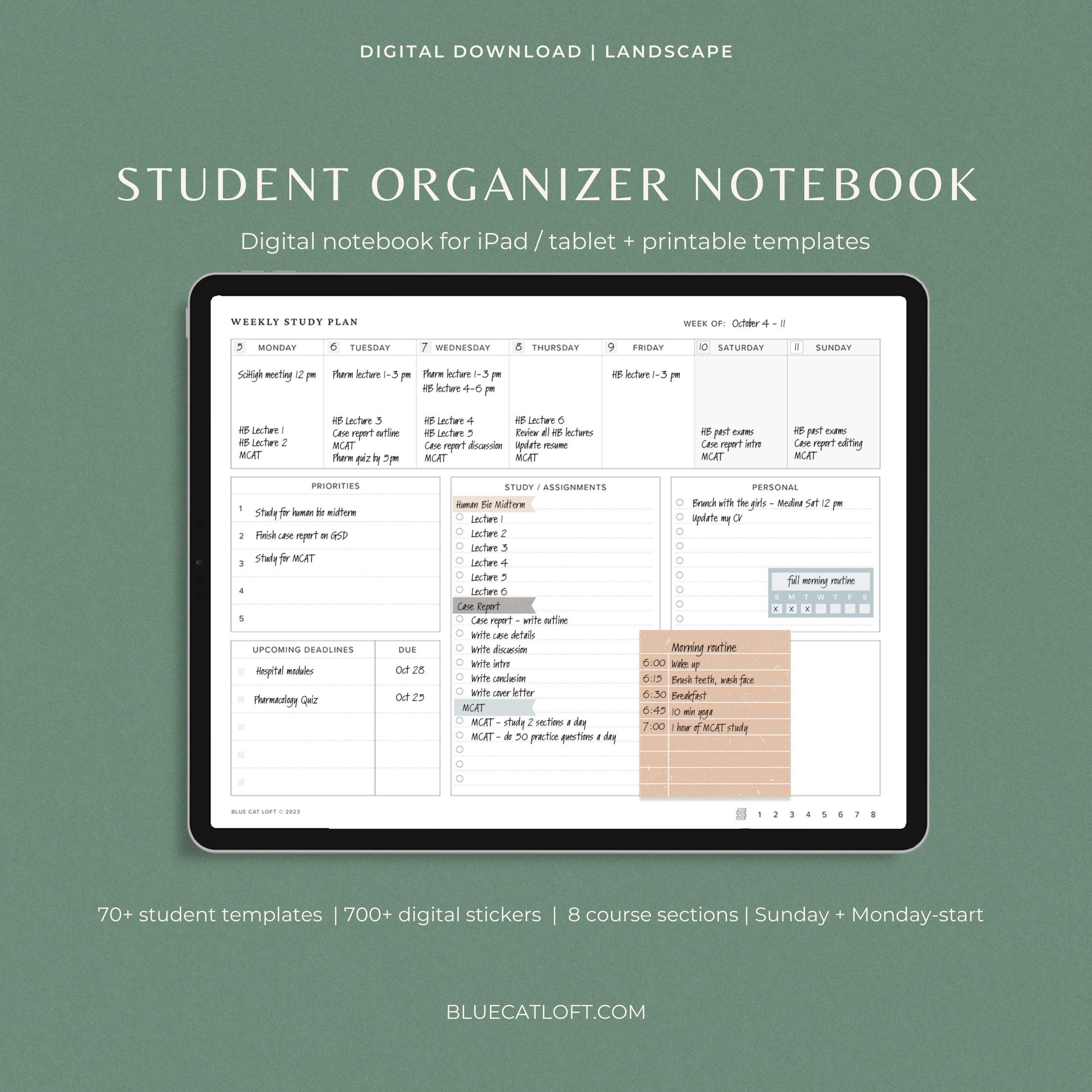 Digital Study Planner Template, Undated Digital Student Planner, iPad ...