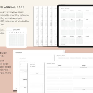 May include: A printable planner with a white background and black text. The planner includes an undated annual overview page, monthly calendars, vision board, yearly goal page, quarter goal pages, degree planners, and semester planners. The text "UNDATED ANNUAL PAGE" is at the top of the page.