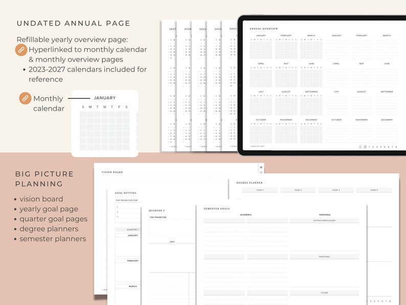 May include: A printable planner with a white background and black text. The planner includes an undated annual overview page, monthly calendars, vision board, yearly goal page, quarter goal pages, degree planners, and semester planners. The text "UNDATED ANNUAL PAGE" is at the top of the page.