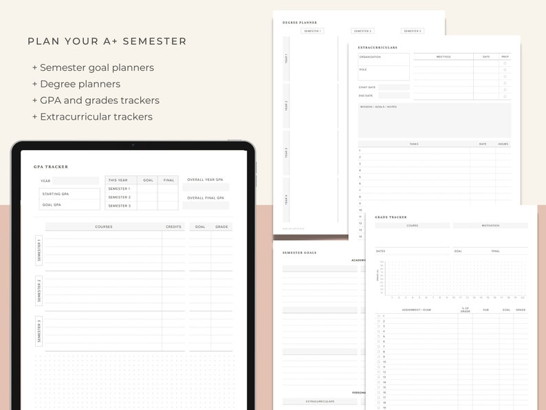 May include: A printable planner designed to help students plan their semester. The planner includes sections for semester goals, degree plans, GPA and grades tracking, and extracurricular activities. The planner is designed with a minimalist aesthetic and features a white background with black text.